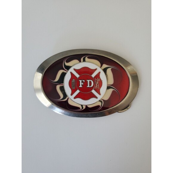 Other - Vintage Silver Tone and Red Oval Fire Department Belt Buckle 2.5 IN Wide